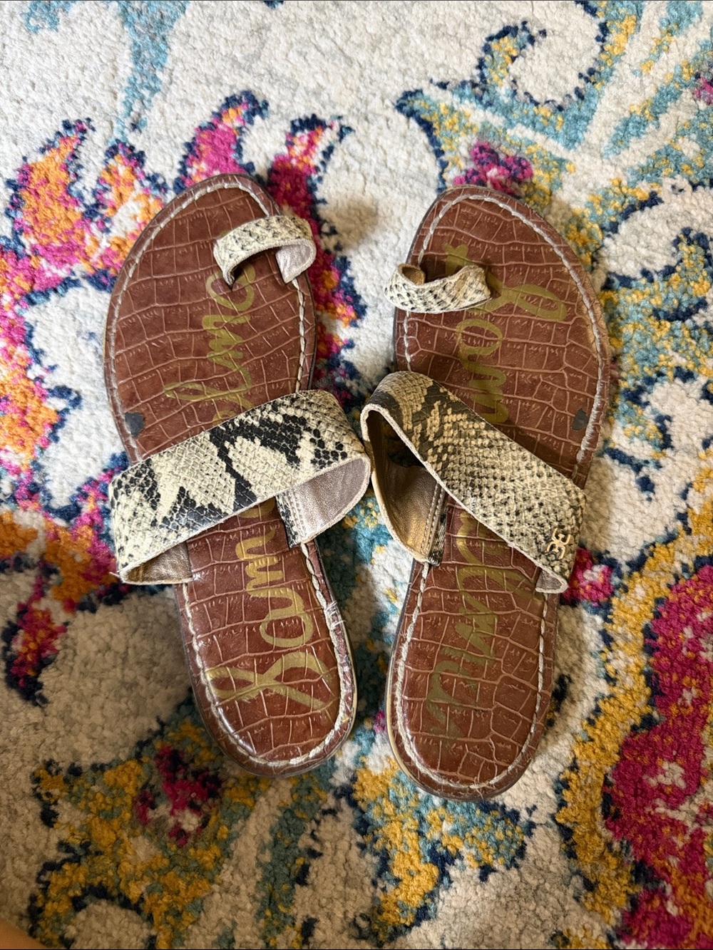 Sam Edelman Kids Brown Footbed Cream Snake-Print Slide Sandals